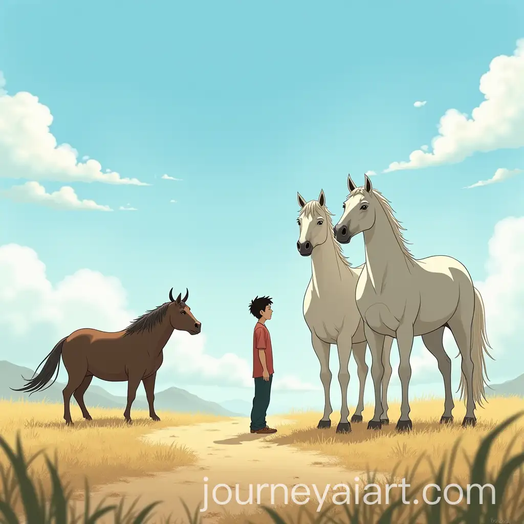 Wistful-Youth-with-Majestic-Horses-in-a-Serene-Rural-Landscape