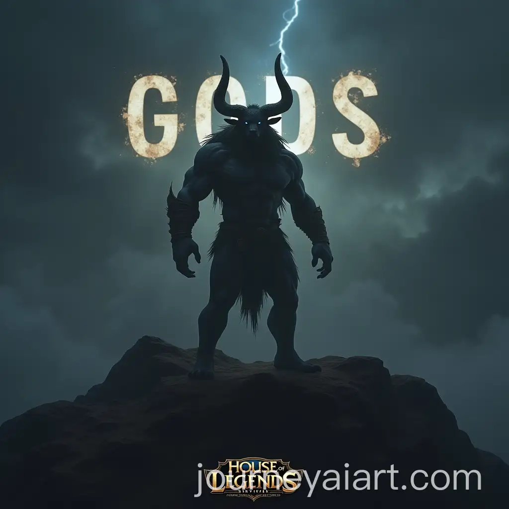Minotaur-Hero-Standing-on-Dark-Ravine-with-GODS-in-Spotlight-and-House-of-Legends-Banner