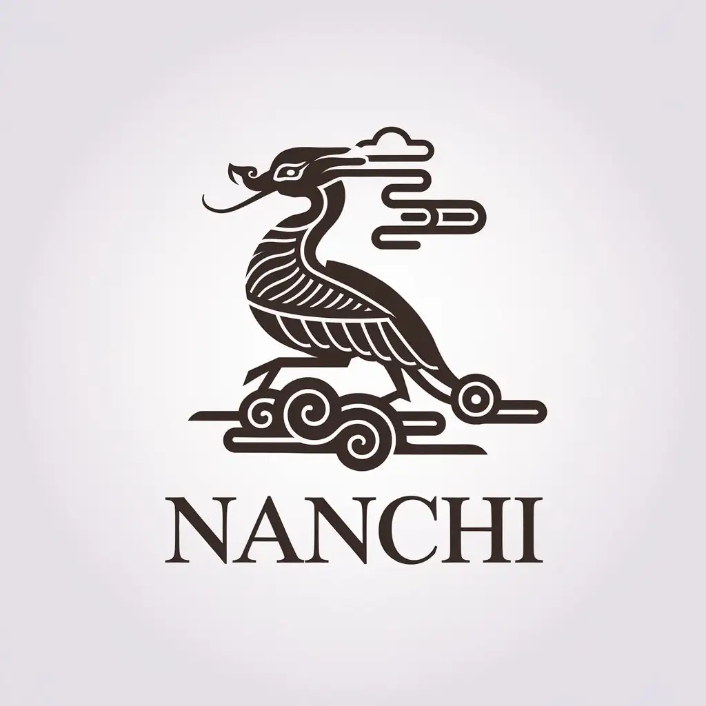 a vector logo design,with the text "nanchi", main symbol:bird, mythical bird, ancient, minimalistic, auspicious clouds,Moderate,clear background