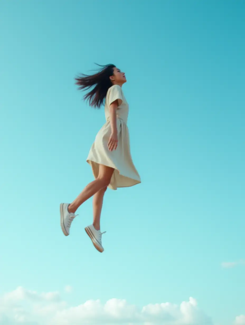 A woman is gracefully suspended in mid-air against a clear blue sky. She is wearing a flowing, light-colored dress and sneakers. Her hair flows naturally, and her posture conveys motion, as though she's jumping or floating. Curving across the scene, creating a surreal and dreamlike atmosphere. The background is a vibrant and calm sky with subtle gradients of blue and white clouds.