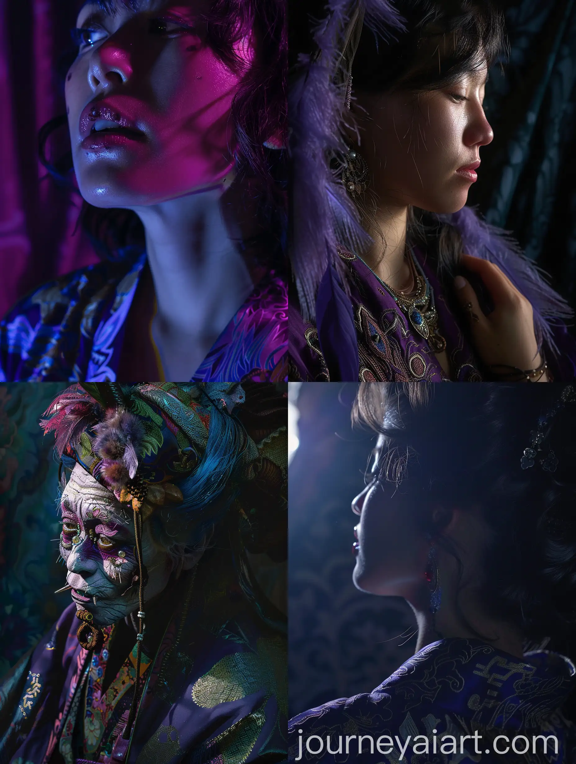 Eurasian-Jay-Head-in-Dark-Violet-Kimono-Robes-with-Organic-Embroidery