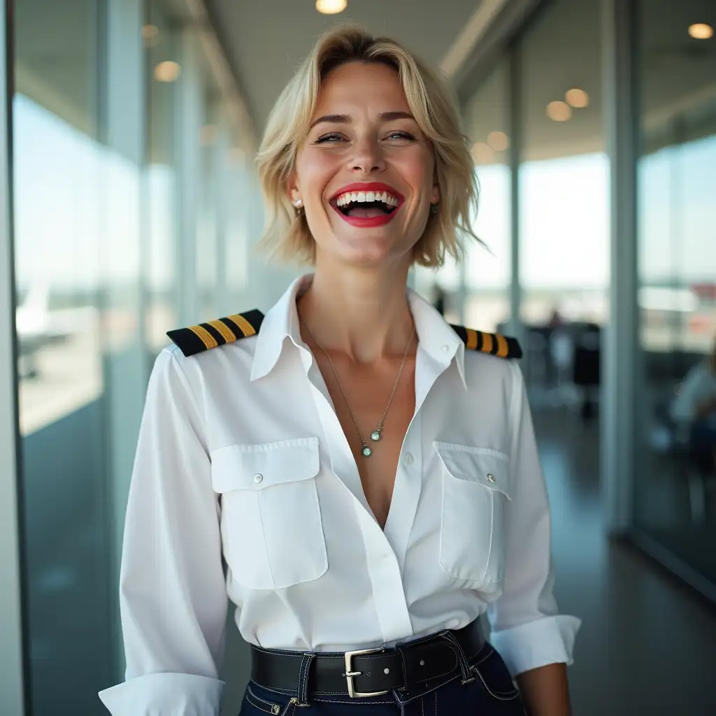 white norvegian pilot lady, in white deep-necked pilot shirt, laughing with her mouth open, red lipstick accentuating her smile,belt on waist, big wide hips, chest are fully grown, jewerly, short hair, HD, enjoying at airport , photo-realism