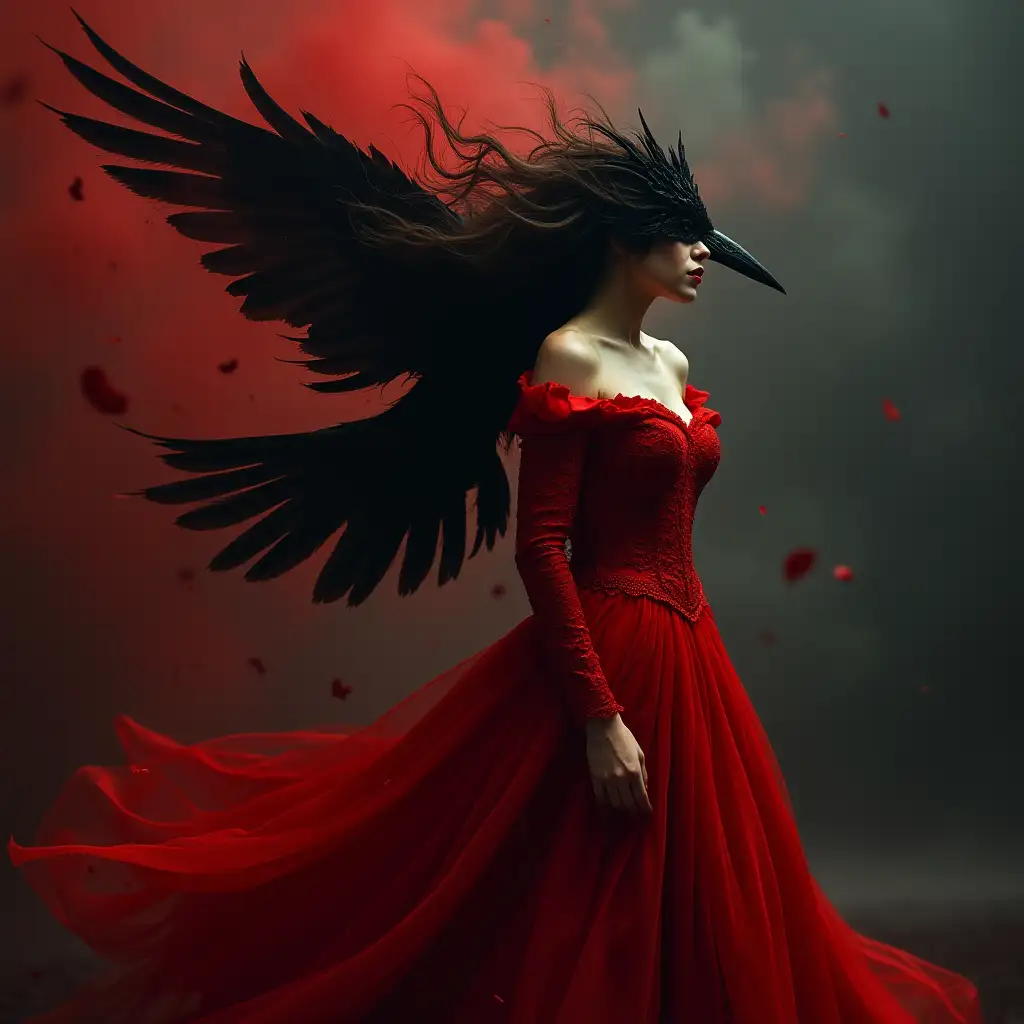 a lady in red turn and transform into a dark bird