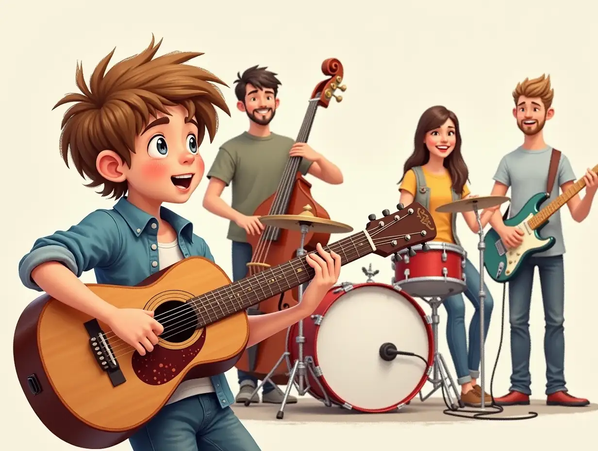 with the same characters drawing of a 10-year-old child playing the guitar and singing with his music group, a female bassist, a drummer and another guitarist