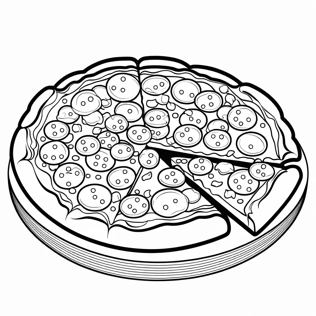 a slice of pizza with cheese and pepperonis , Coloring Page, black and white, line art, white background, Simplicity, Ample White Space. The background of the coloring page is plain white to make it easy for young children to color within the lines. The outlines of all the subjects are easy to distinguish, making it simple for kids to color without too much difficulty