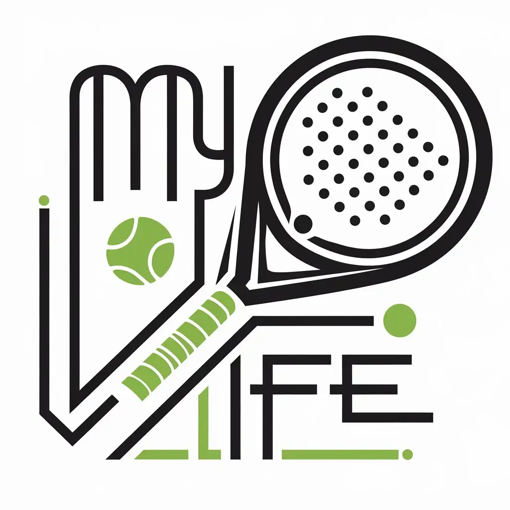 a vector logo design,with the text "My life", main symbol:Padel racket and nearby tennis ball.,complex,be used in Sports Fitness industry,clear background