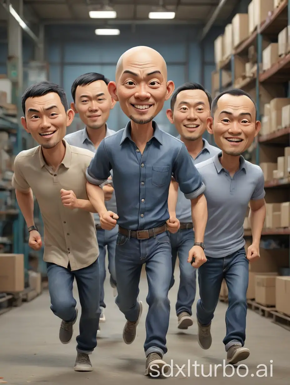 Four-People-Running-in-a-Factory-4D-Realistic-Caricature-of-a-Chinese-Man-Chasing-Three-Individuals