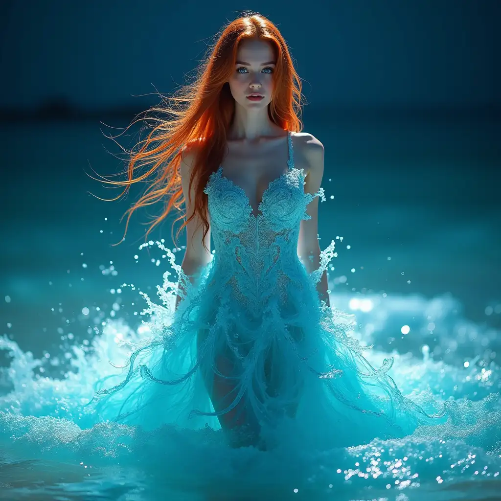 A stunning and surreal image of a redhead girl wearing an intricate aqua dress made entirely of water waves, creating a mesmerizing and visually stunning effect. The girl is shown in a graceful pose on the beach, and the water seems to rise to her chest, dramatically covering her body. This image can be created using the following vector. Woman in an elaborate aqua dress made entirely of water waves, thick and long hair, blue eyes, night, beautiful body, designed by Dmitry Kostanovich, Photoshop, Felicia Semyon, UHD image, Ekaterina Panikanova, shiny and bright, HDR, dynamic mode, 32 kb, sharp focus, illustration. by Sasan.