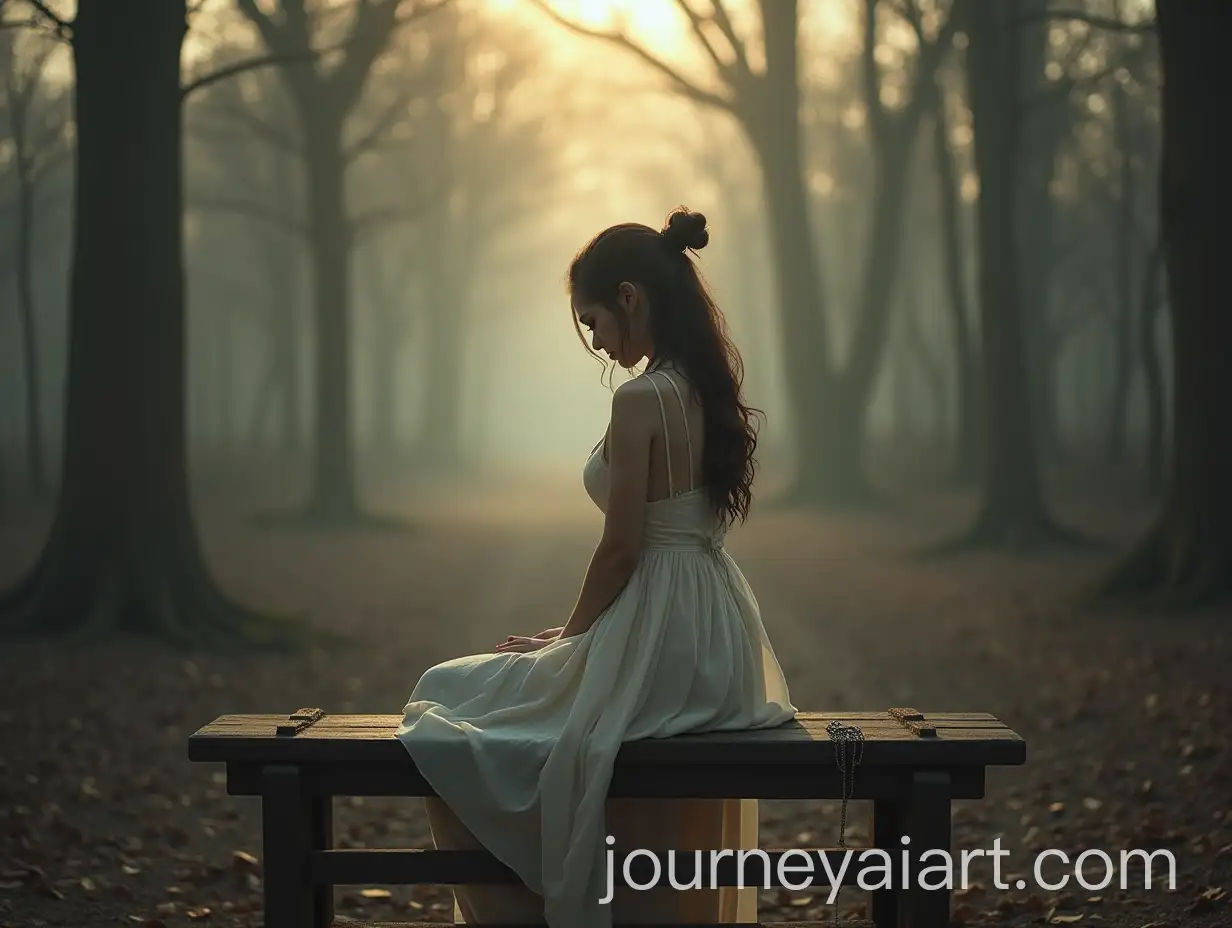 Young-Woman-Alone-on-a-Wooden-Bench-in-a-Misty-Forest-with-a-Wistful-Expression
