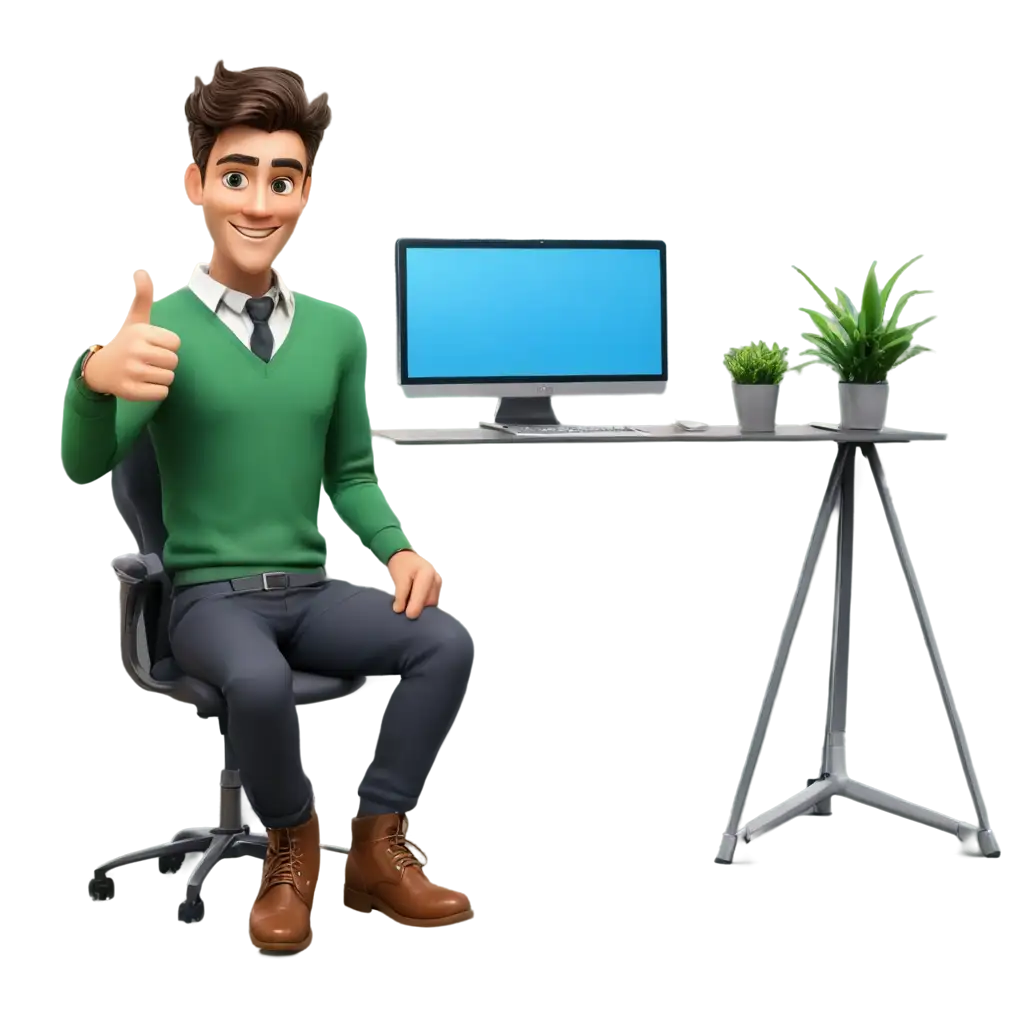 Caricature-PNG-of-a-Man-Sitting-in-Front-of-a-Computer-and-Printer-with-Thumbs-Up