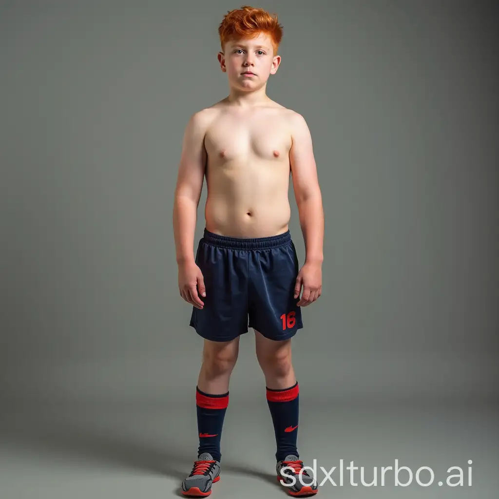 Full-Length-Portrait-of-Chunky-16YearOld-British-Boy-with-Red-Hair-in-Football-Shorts-and-Socks