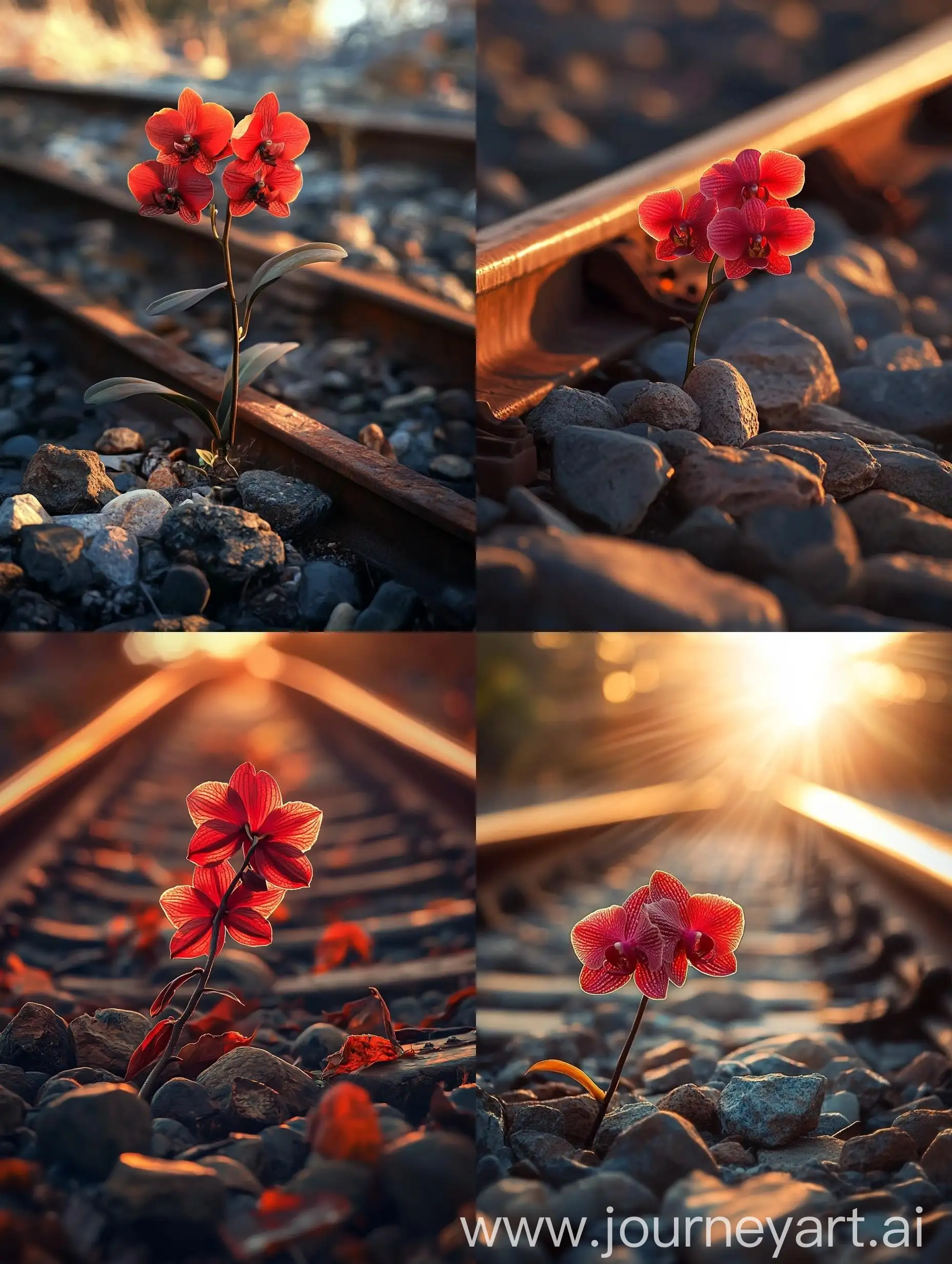 Red-Orchid-on-Rusty-Rail-Tracks-at-Sunset-with-Dramatic-Lighting