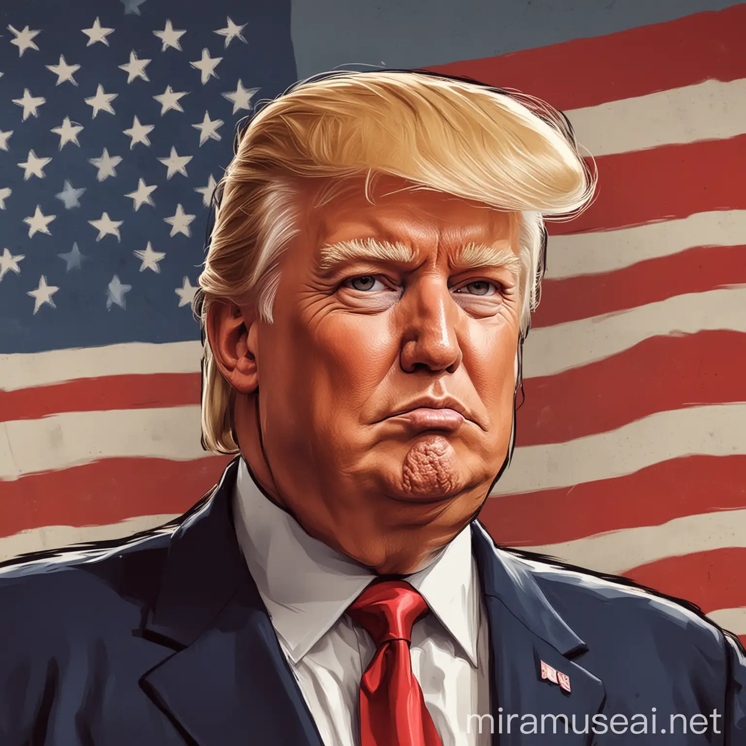 Cartoon Style Donald Trump with American Flag Background