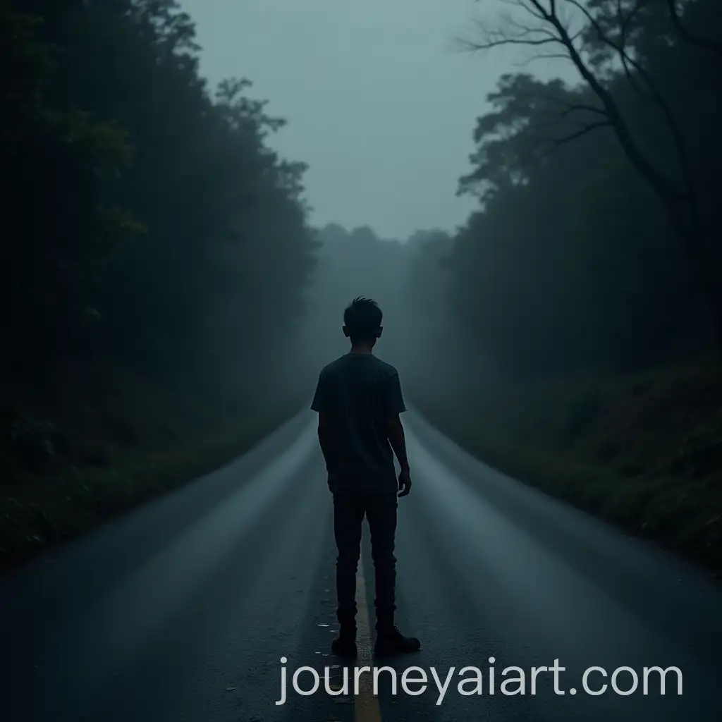 Teenage-Boy-Standing-on-Divided-Road-in-Dark-Village-Thumbnail