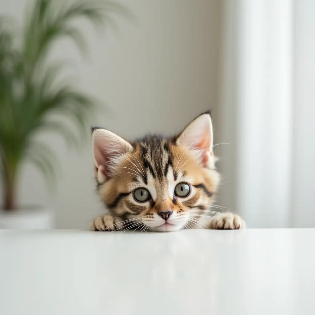 Kitten peeks out from behind a white table, photorealism