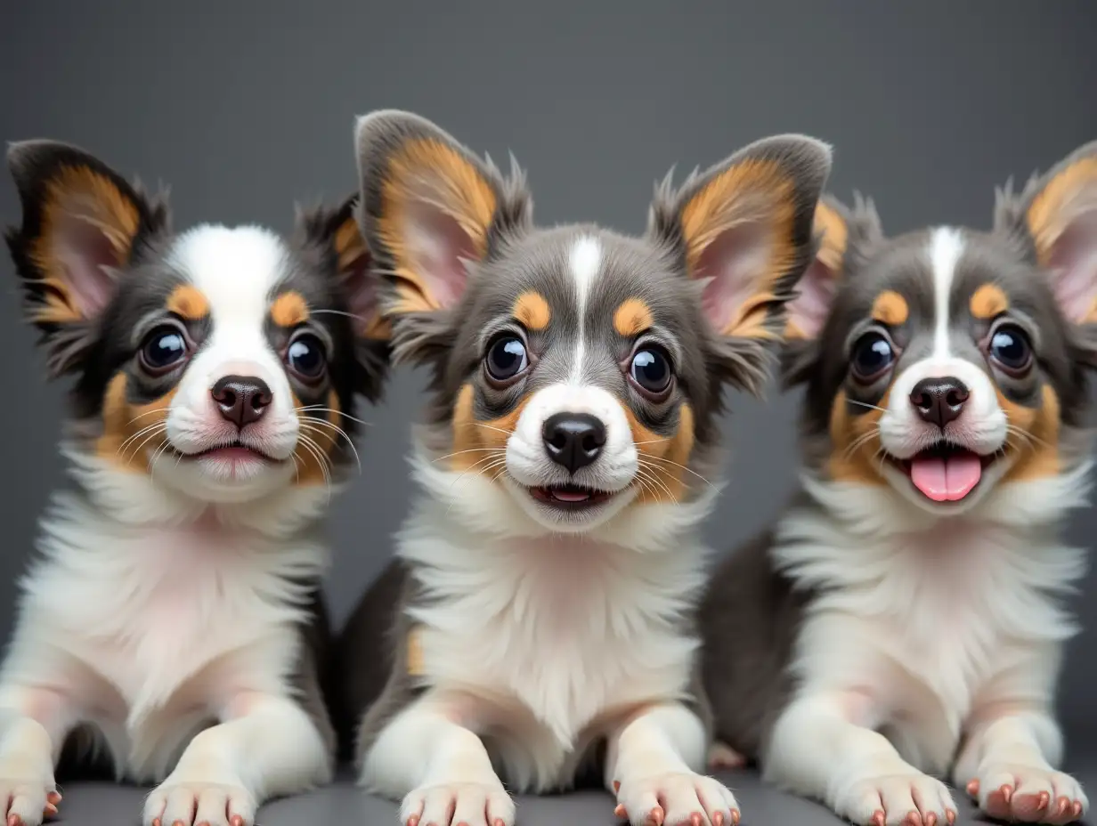 A group of grey polka-dotted Papillon with a long, thin nose, large eyes and open mouth