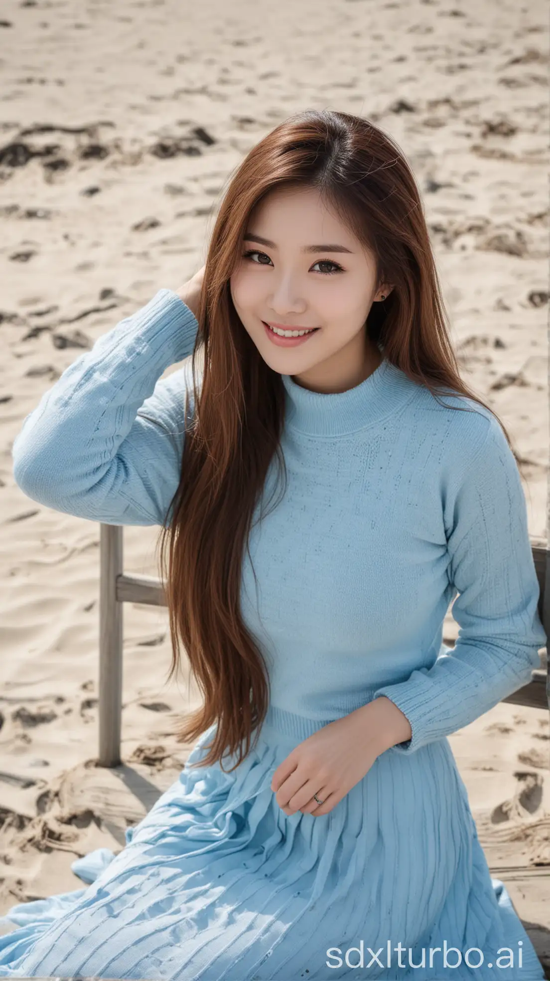 Beautiful-Chinese-Woman-Relaxing-on-the-Beach-in-Winter-Outfit