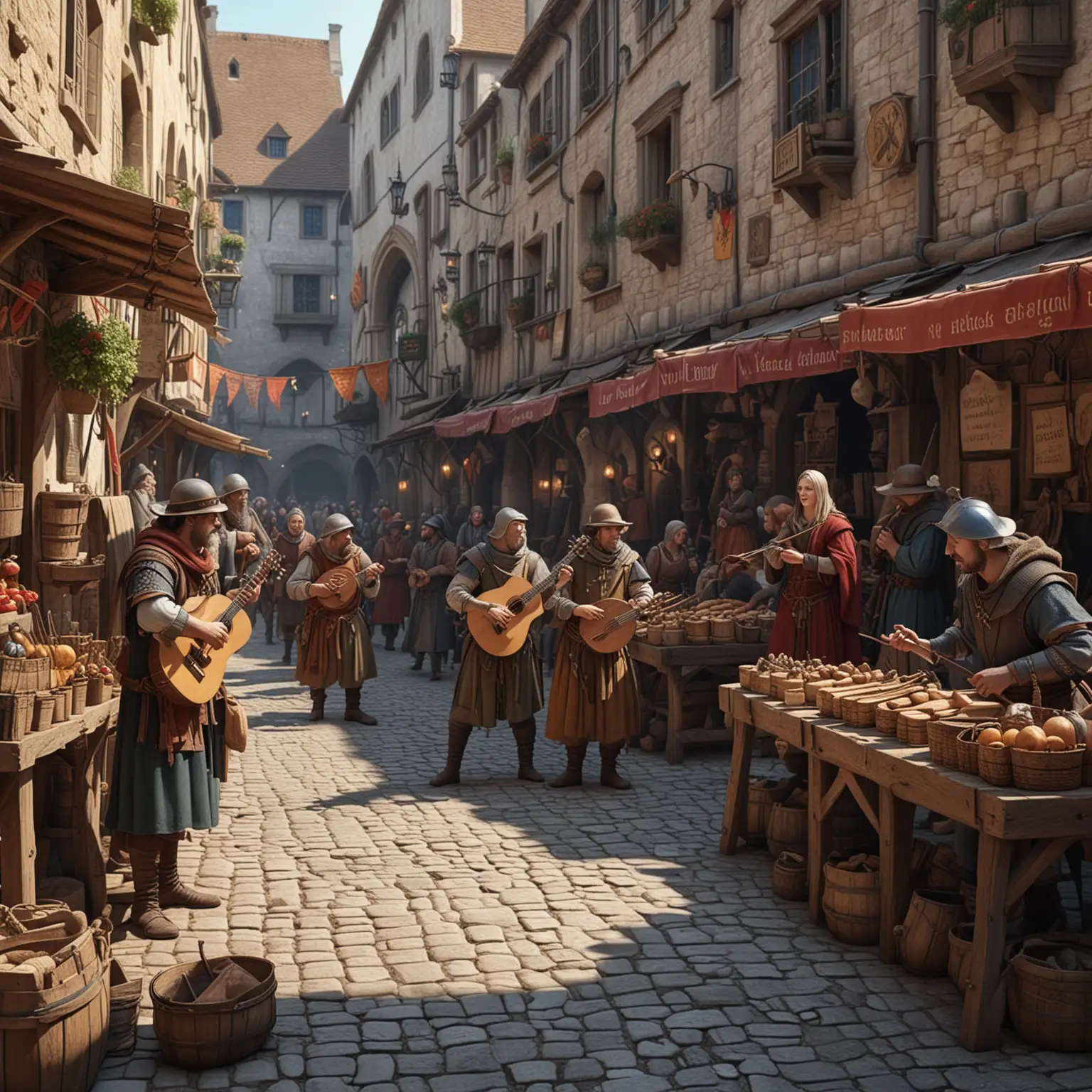 Medieval-Market-Scene-with-Climate-Protection-Demonstrators-and-Musicians