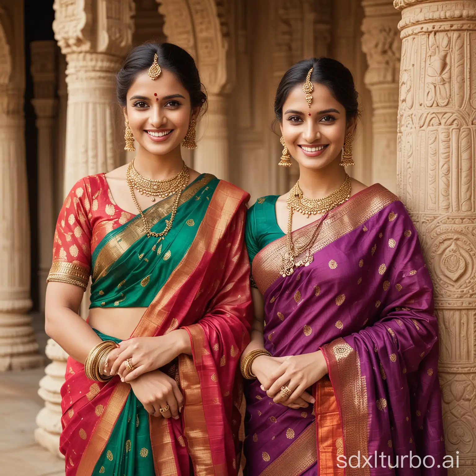 Two elegant women dressed in vibrant traditional Indian sarees stand gracefully side by side, radiating their cultural pride. Their dazzling smiles and exquisite jewelry, including intricate large earrings, add to the charm of the moment as they pose for the camera.