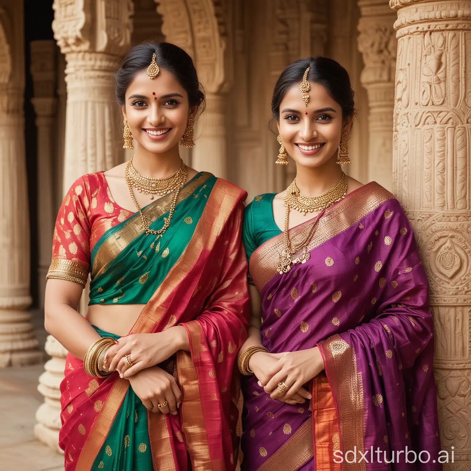 Two-Elegant-Women-in-Vibrant-Indian-Sarees-and-Exquisite-Jewelry