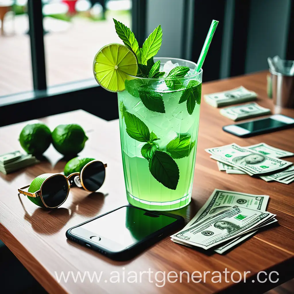 A green juicy refreshing mojito standing on the table. There is an ios smartphone on the table. And there's a stack of dollars in cash on the table