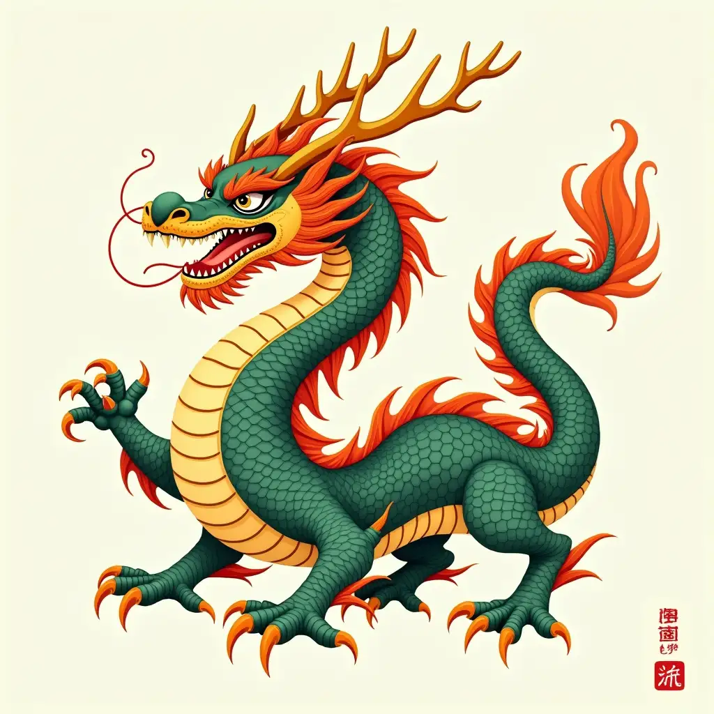 The Chinese dragon (LONG, lóng) is a serpentine, mythical creature with a long, scaled body resembling a snake, four legs with eagle-like claws, and a head that blends features of various animals: deer antlers, a camel-like shape, a lion’s flowing mane, and whiskers like a catfish. Its piercing eyes, sharp teeth, and often open mouth clutching a pearl symbolize wisdom and power. Adorned with vibrant colors, typically gold or green, it embodies grace and strength, with a tapered tail and ridge-like spines along its back. This composite creature represents harmony, cosmic balance, and control over natural forces like water and weather.