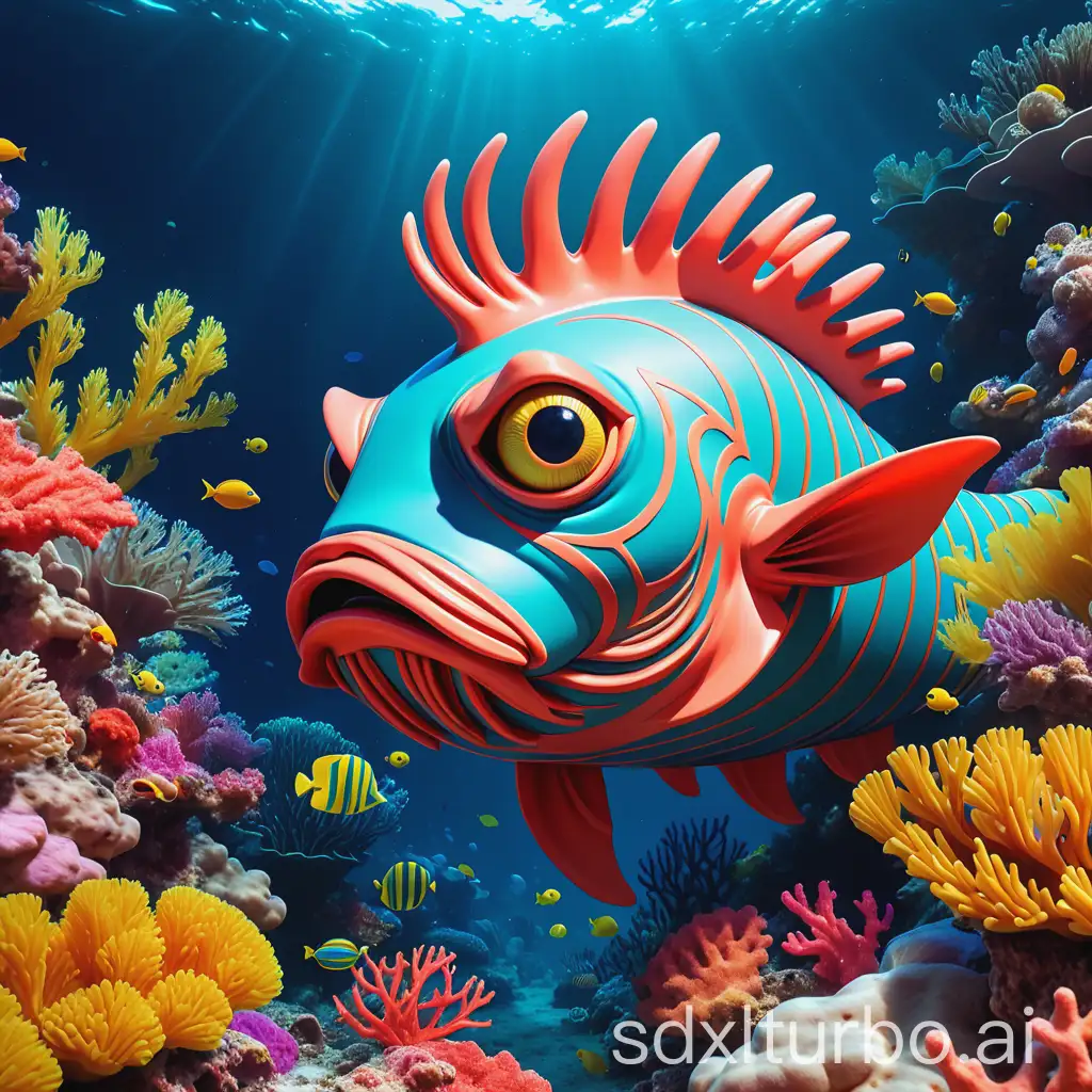 a mysterious underwater creature, body like a fish, head like a lion, frolicking among the colorful coral reefs