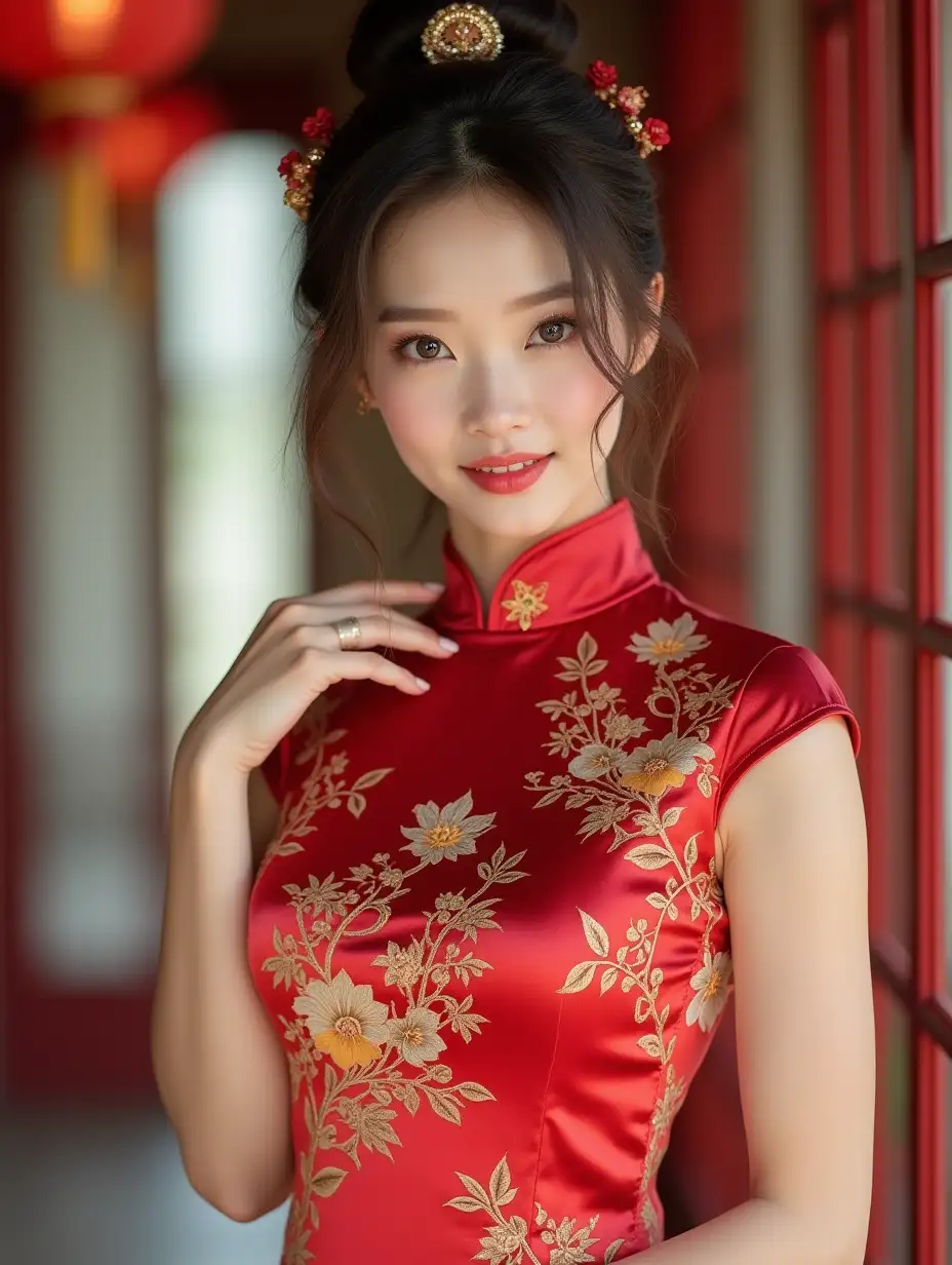 Young-Woman-in-Qipao-with-Flirty-Gaze-and-Headpiece-for-Model-Photoshoot