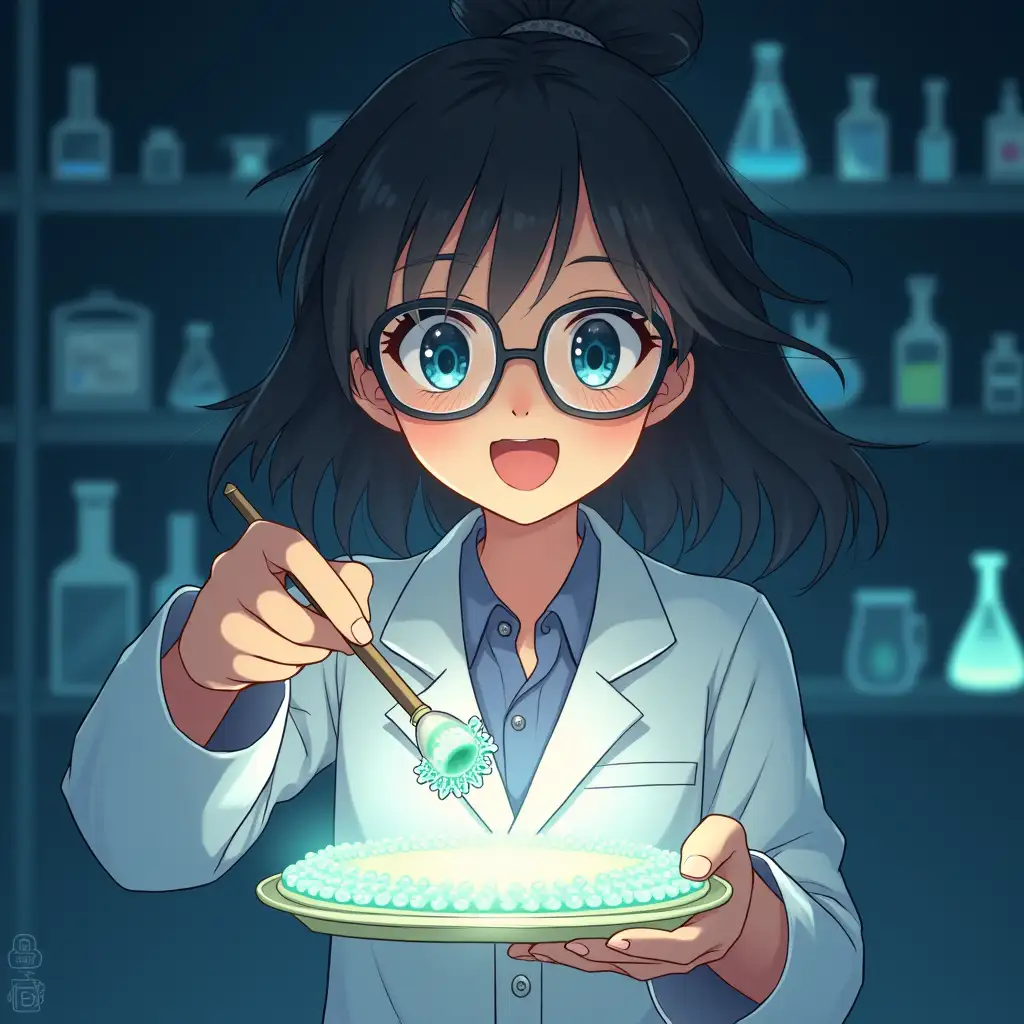Please generate a young female microbiologist girl finding a new bacterial species in a shiny glowing plate she is wearing lab coat and she has no glasses her eyes are so happy with her finding and it should be in anime version of studio gibli fanart style