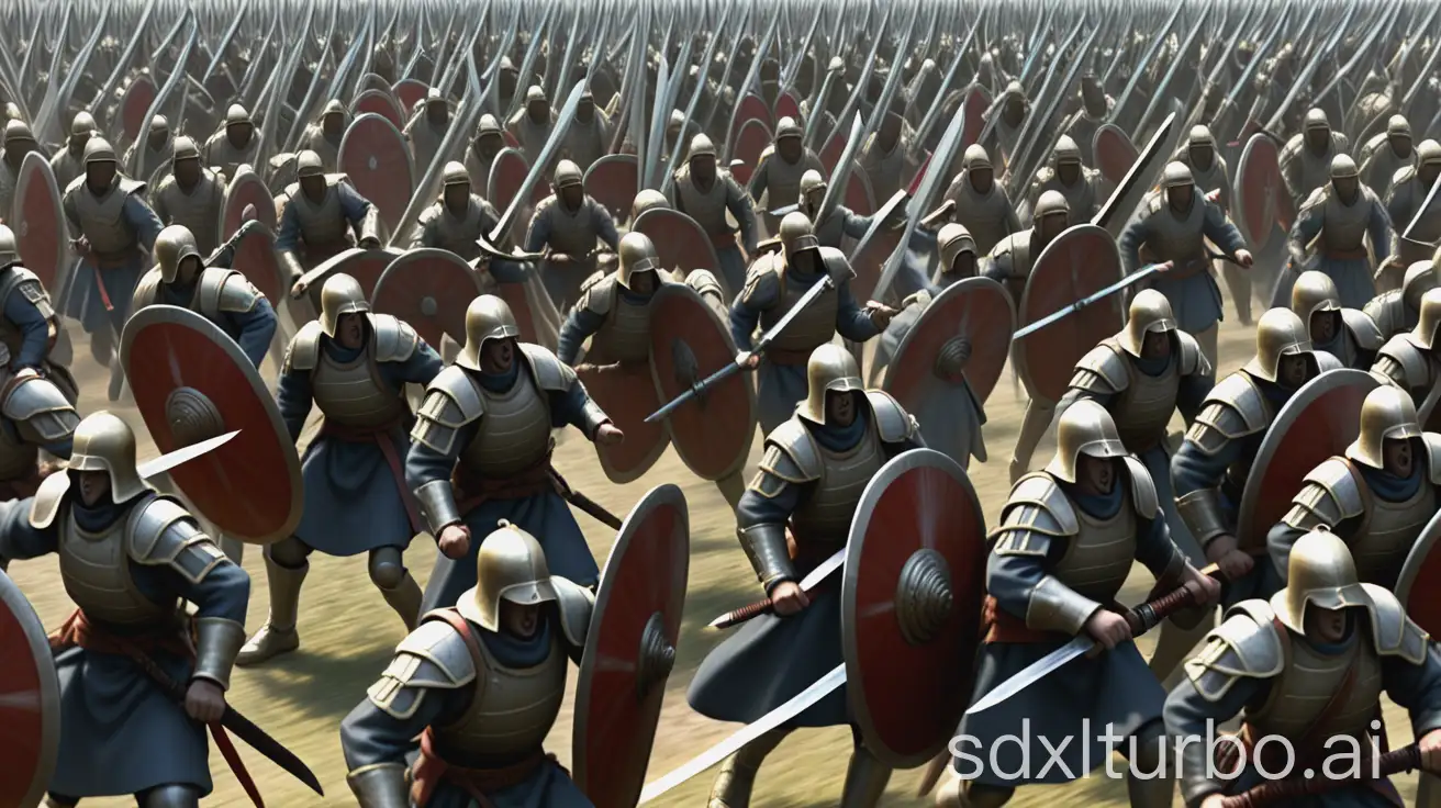 one hundred soldiers wielding large swords charging