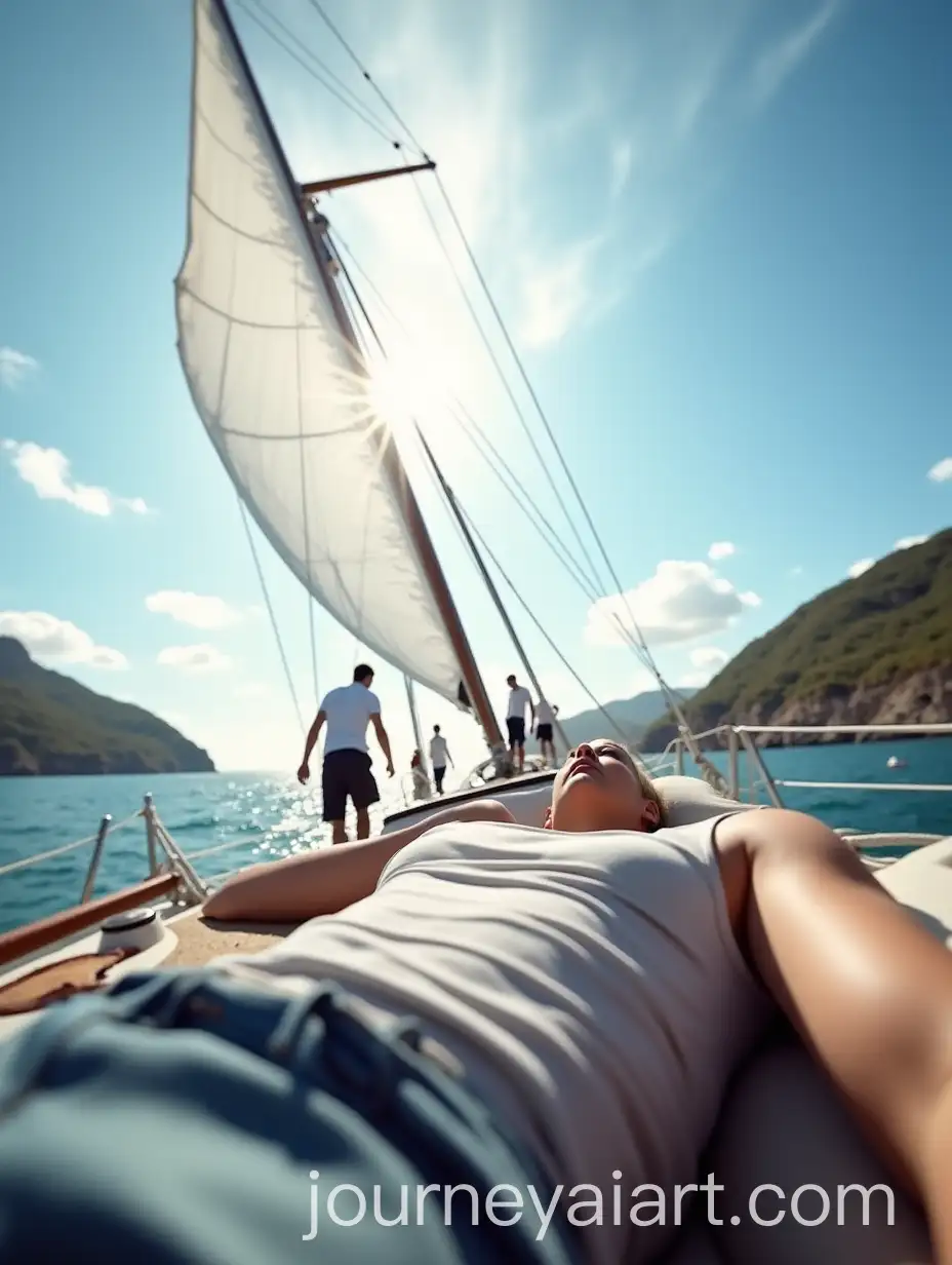Relaxing-on-a-Boat-Deck-with-White-Sails-and-Blue-Sky