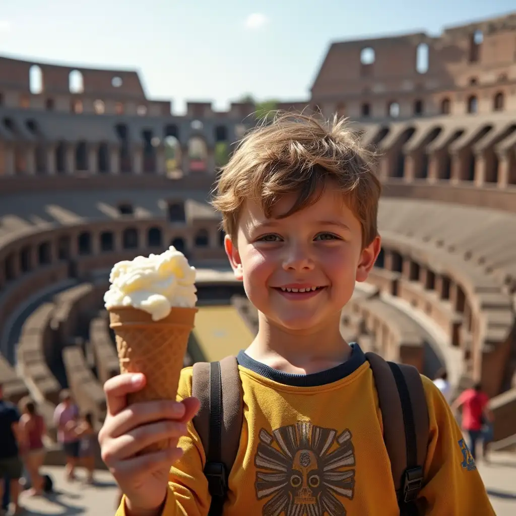 the boy with ice cream in Rome, Colosseum, gladiators