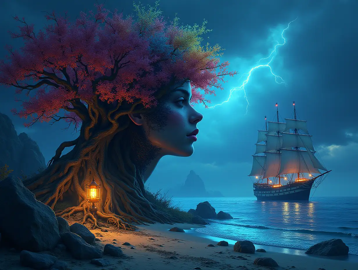 Creating a Digital painting face with rainbow hair transforms into building with stones and lighting trees with roots and rocks and lantern by the sea,with large sailing ship with lanterns and very big waves and lightning strange creatures-in the night 