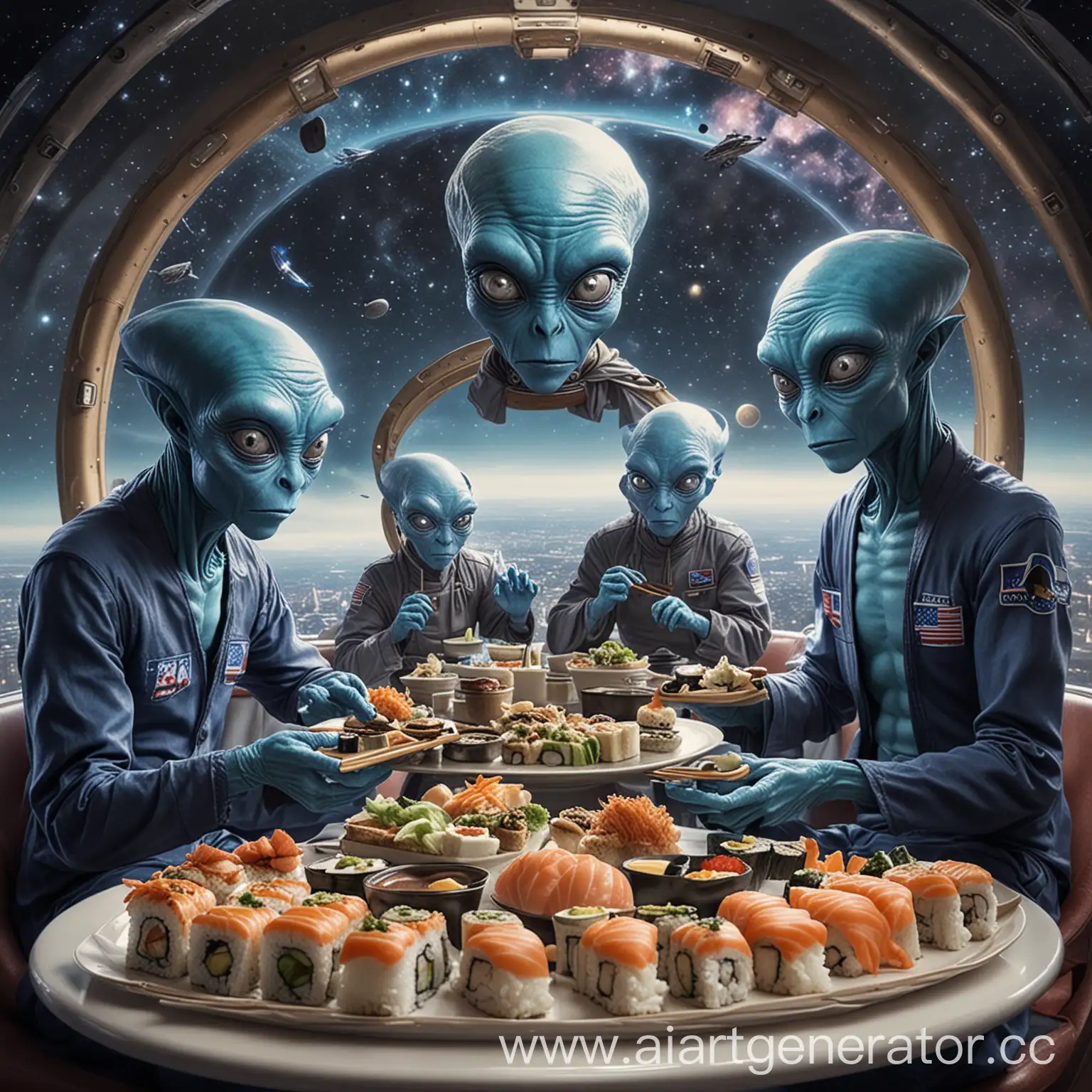 Strange-Blue-Alien-Family-Eating-Philadelphia-Rolls-and-Sushi-in-a-Flying-Saucer-with-a-View-of-Space