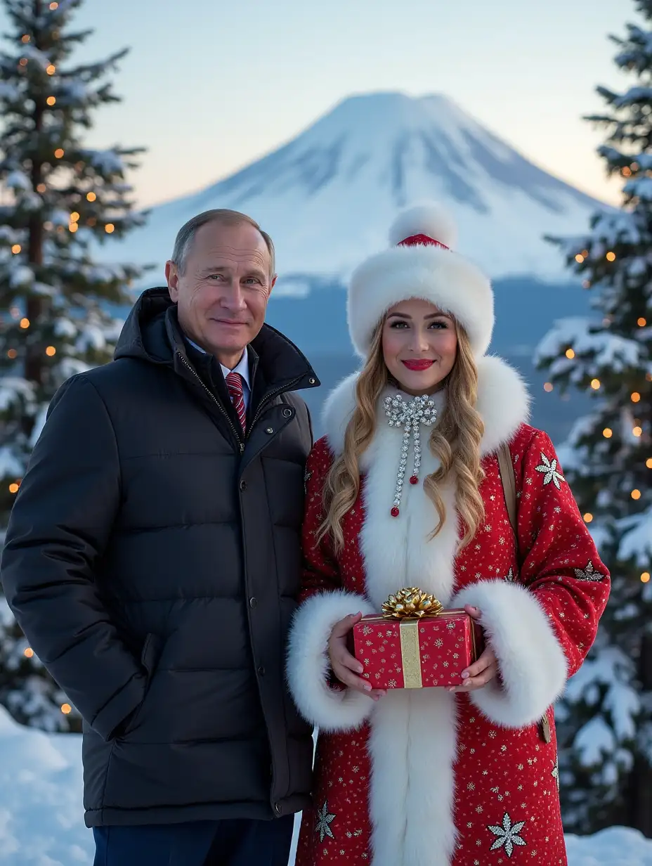 Putin with gifts and charming Snow Maiden, under the new year tree, against the backdrop of Kamtchatka volcanoes, congratulates Kamchatka on New Year