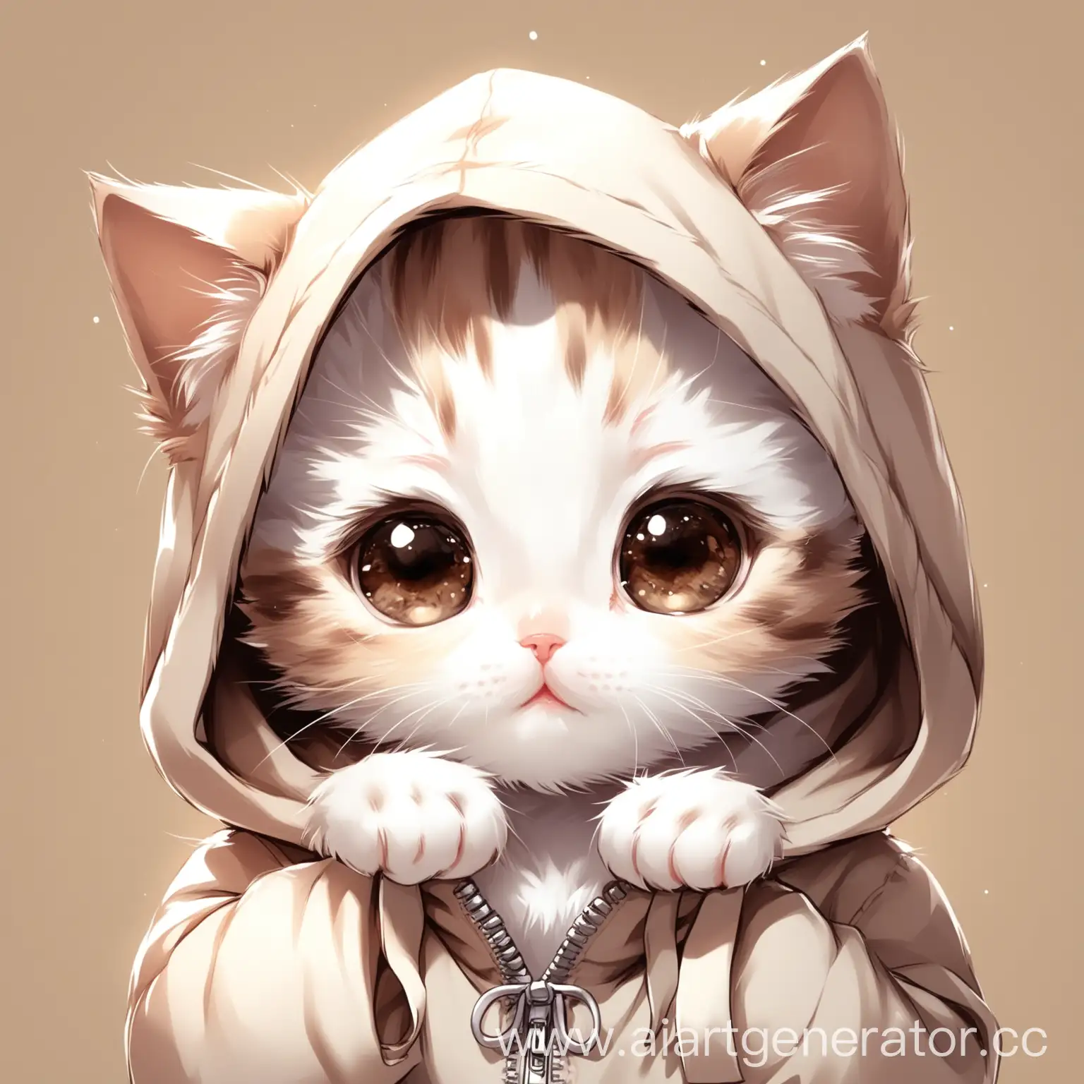 A little cute kitten in a hoodie and hood, with brown eyes