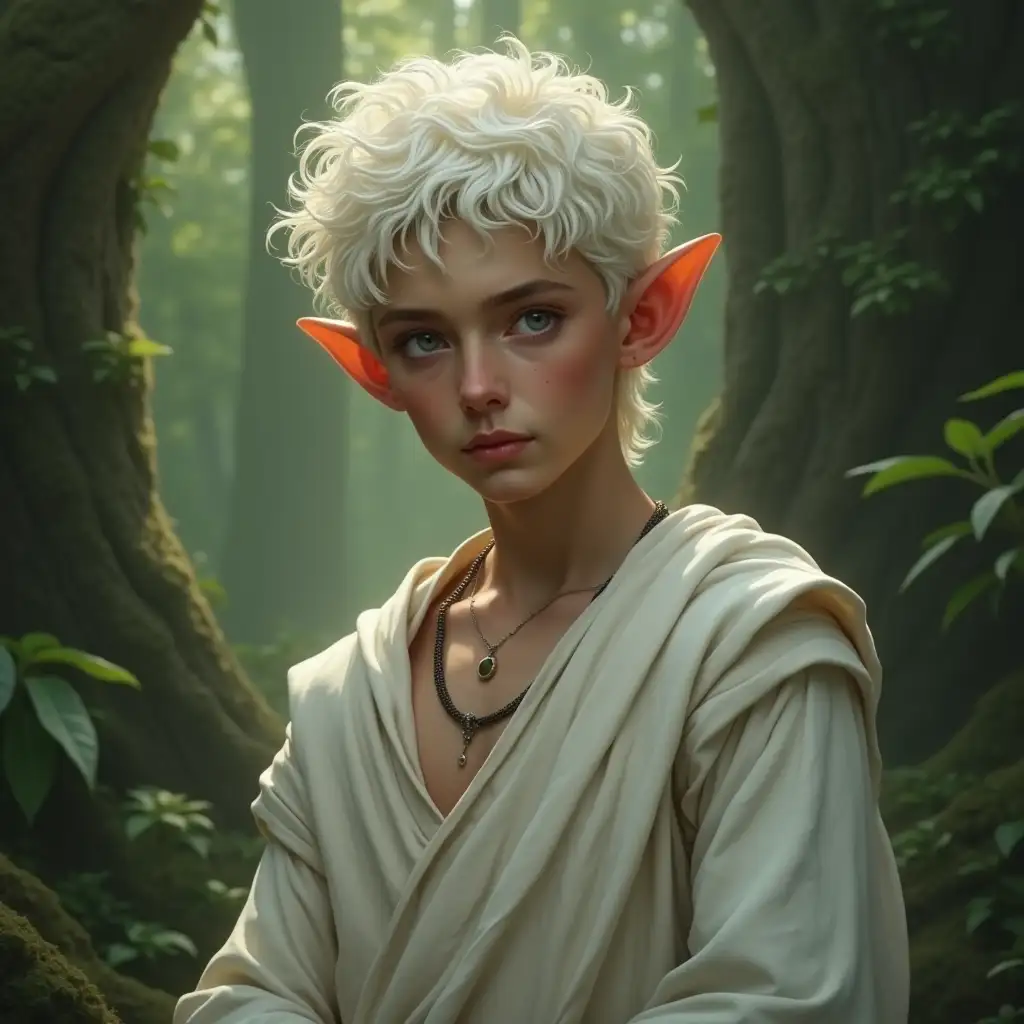 Elf boy, realistic style, pointed ears, short white curly hair, dressed in a white chiton, In full growth, forest