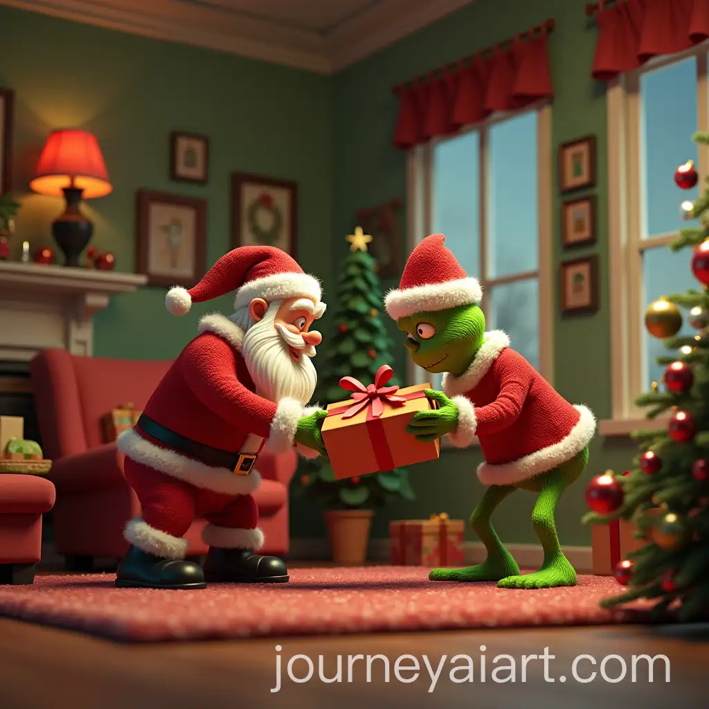 Santa-Claus-and-GrinchLike-Character-Playfully-Competing-for-Gift-in-Christmas-Living-Room
