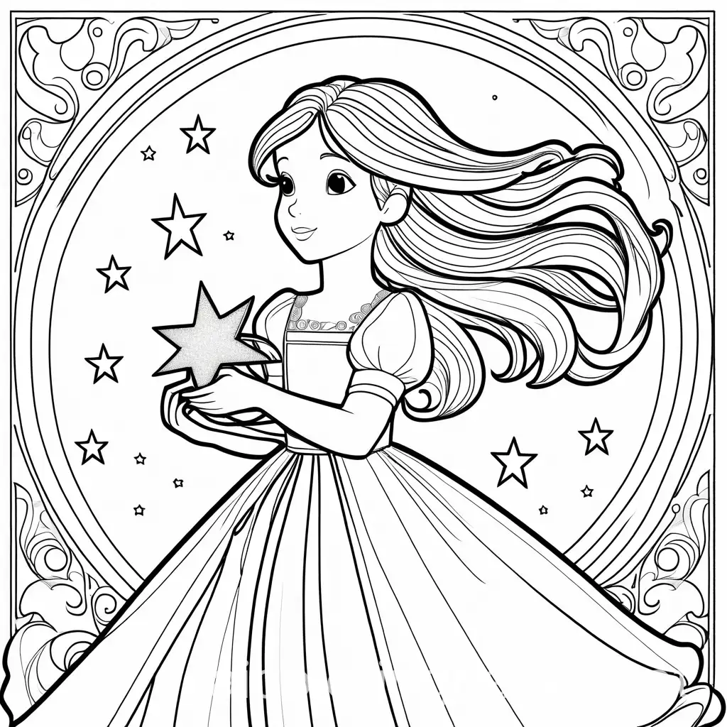 Peter-and-the-Starcatcher-Coloring-Page-Young-Girl-with-Flowing-Hair-Holding-a-Star