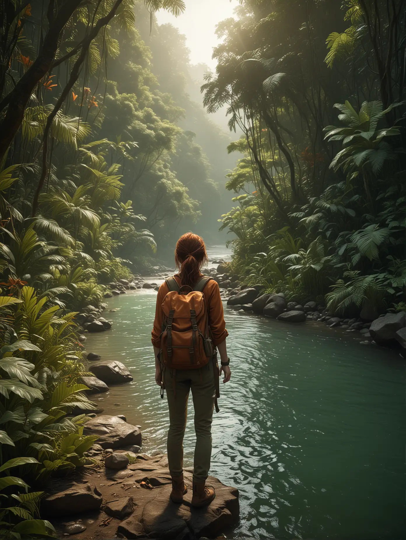 Woman with backpack looking at a river, styled in mysterious jungle, dark orange and light emerald colors, secluded environment, nature inspired imagery, National Geographic photo, Unreal Engine 5, sensitivity to the natural world