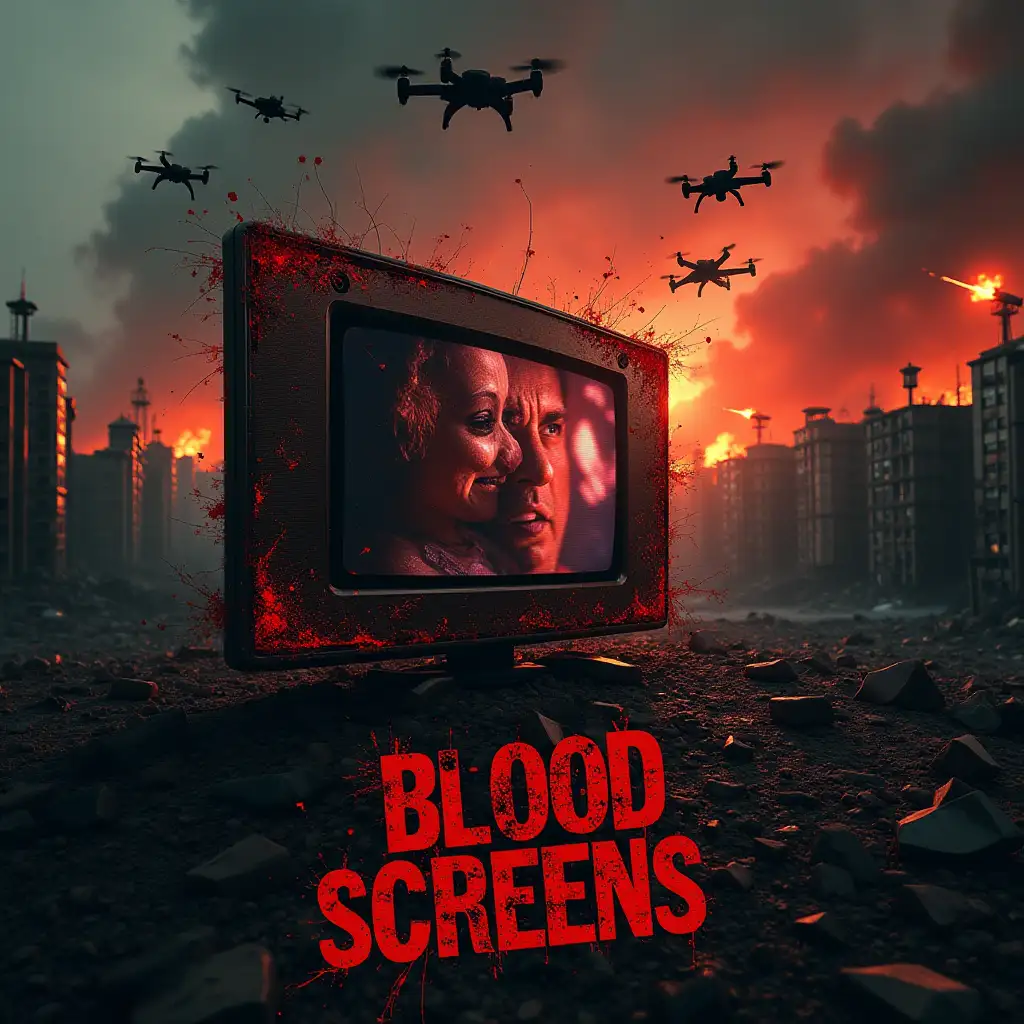 Create a dark and impactful cover for a protest song against war and media apathy. The image must represent the contrast between real violence and its filtered representation by the media. In the background, an urban landscape in ruins with fires and drones in the sky, while in the foreground a broken screen reflects scenes of war: blurred faces, frightened children, missiles in flight. A distorted digital filter overlays pixelated and glitch elements, evoking the manipulation of information. The color palette should be intense, with dark tones of red, black and orange, conveying a sense of urgency and anguish. The song title should appear with a raw and aggressive font, almost scratched on the surface, like a cry of protest. The atmosphere should be strong, disturbing but powerful, pushing the viewer to look and not look away. The title of the song is Blood Screens The title is positioned above the lower edge of the image and has no absolute relevance in the image.