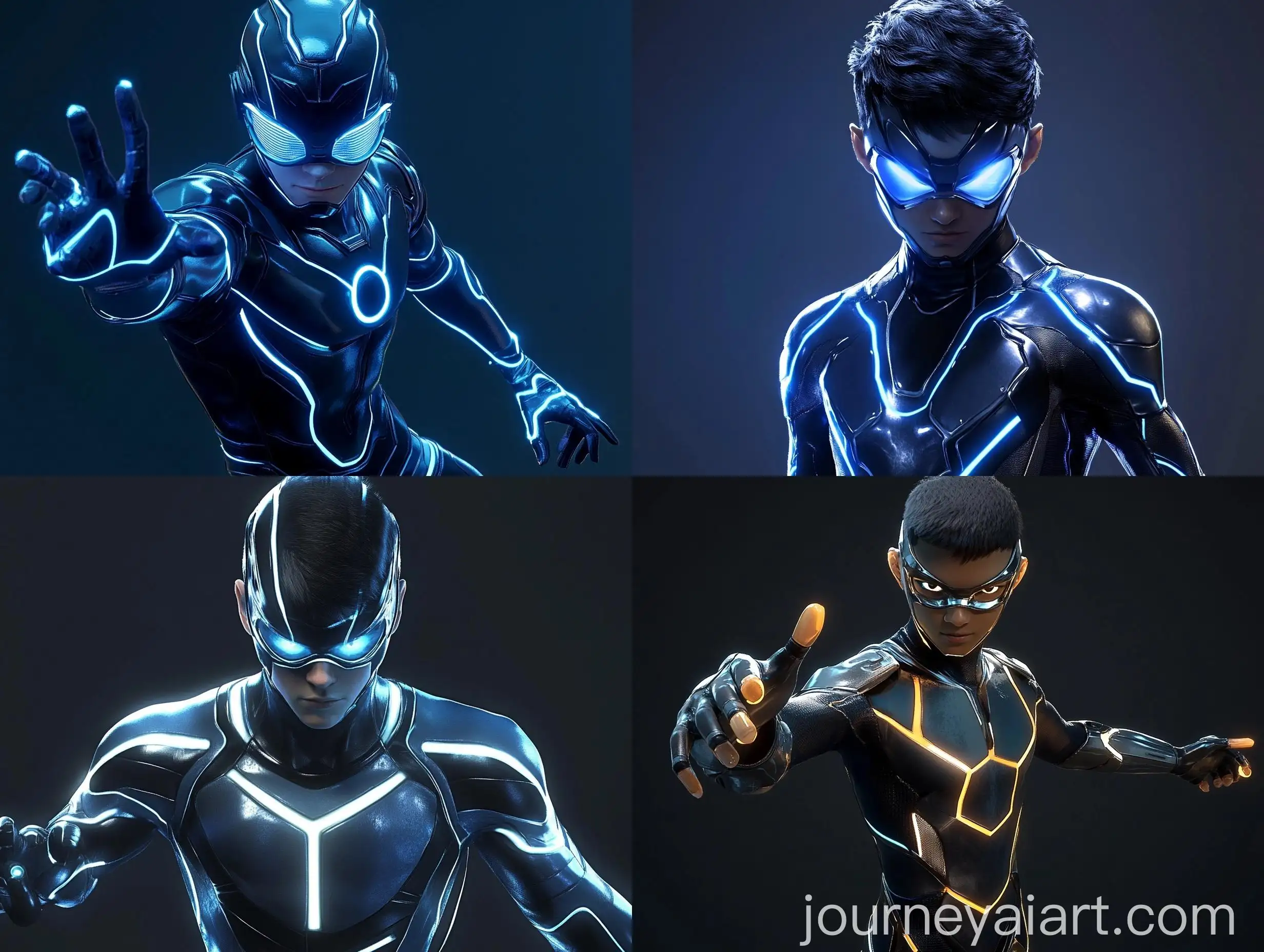 Futuristic-Teenage-Superhero-Ethan-Blake-in-Dark-Blue-and-Silver-Costume-with-Energy-Glow