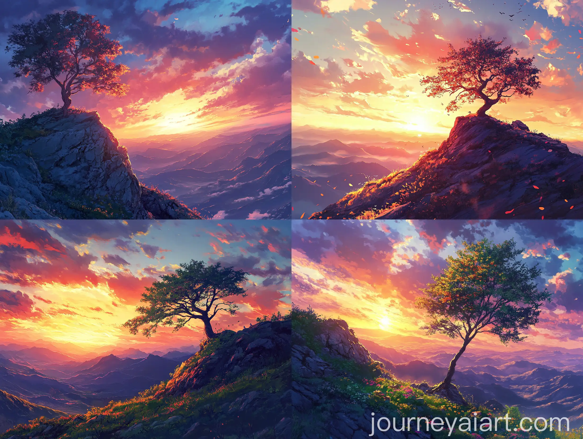 Anime-Sunset-over-Mountain-with-Tree-by-Sylvain-Sarrailh