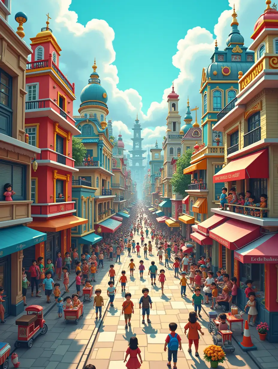 A cartoon city, populated with happy cartoon people, engaged in all kinds of activities that make the city run, intricate, highly detailed, busy, colorful.