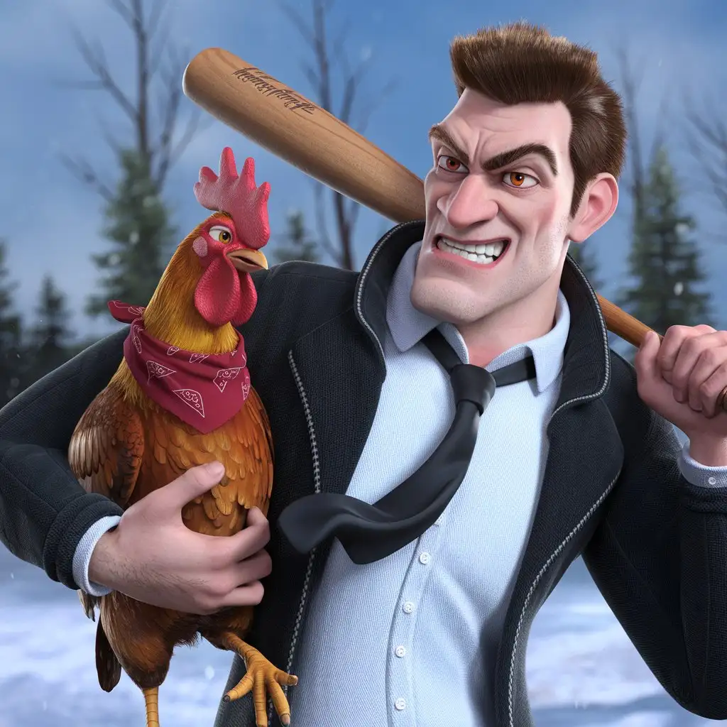 Evil-Handsome-Man-Hitting-a-Rooster-with-a-Baseball-Bat-in-Snowy-Scene