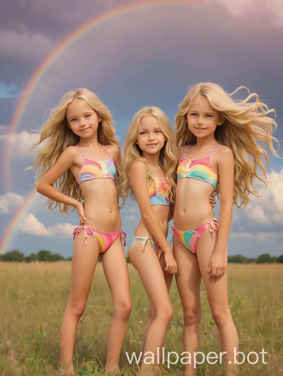 3 Beautiful 12-year-old girls in swimwear with long blonde hair on an open field with rainbows clouds pink background full length