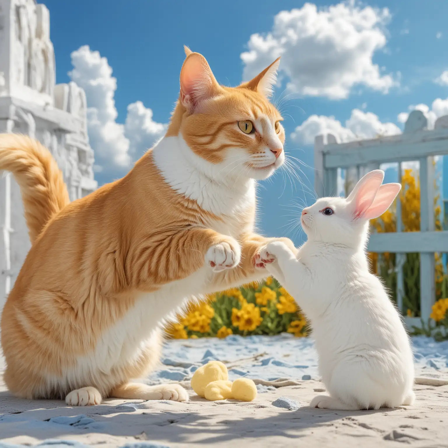 Yellow-Cat-Playing-with-White-Rabbit-Under-Blue-Sky