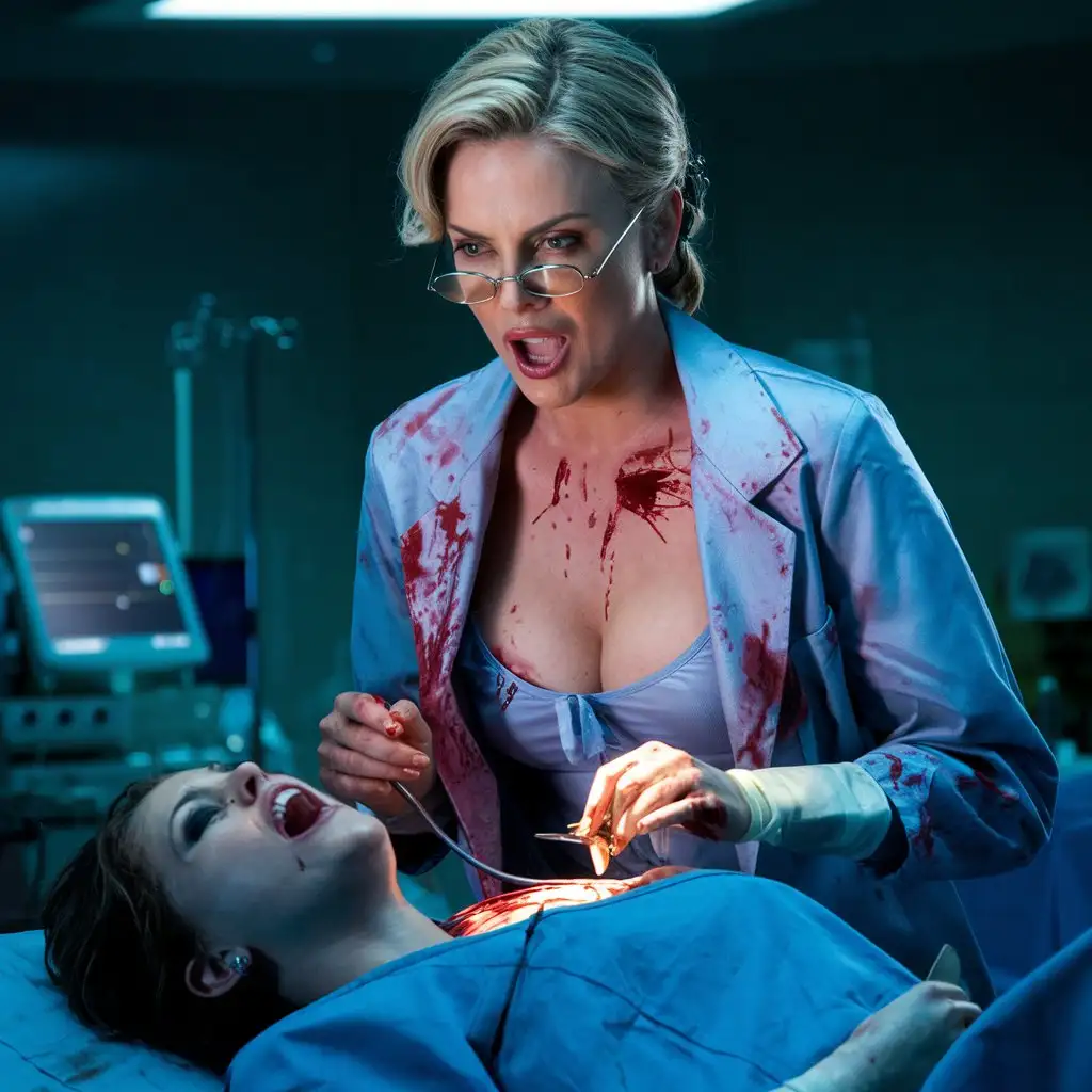 Evil crazy surgeon Charlize Theron in a low-cut, blood-stained lab coat performs surgery on a screaming patient, photo, cinematic, 4k