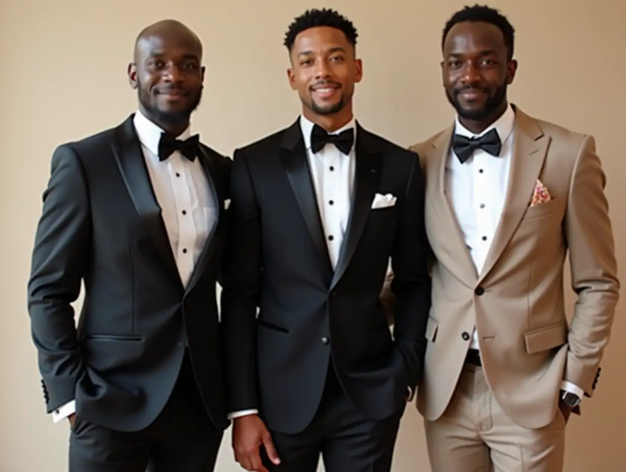 Three Men in Formal Black and Nude Tuxedos