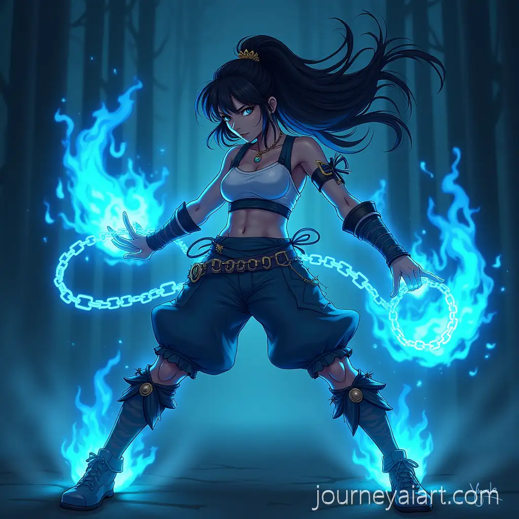 Anime-Female-Warrior-with-Glowing-Blue-Energy-and-Cyan-Flames-in-Intense-Battle-Pose